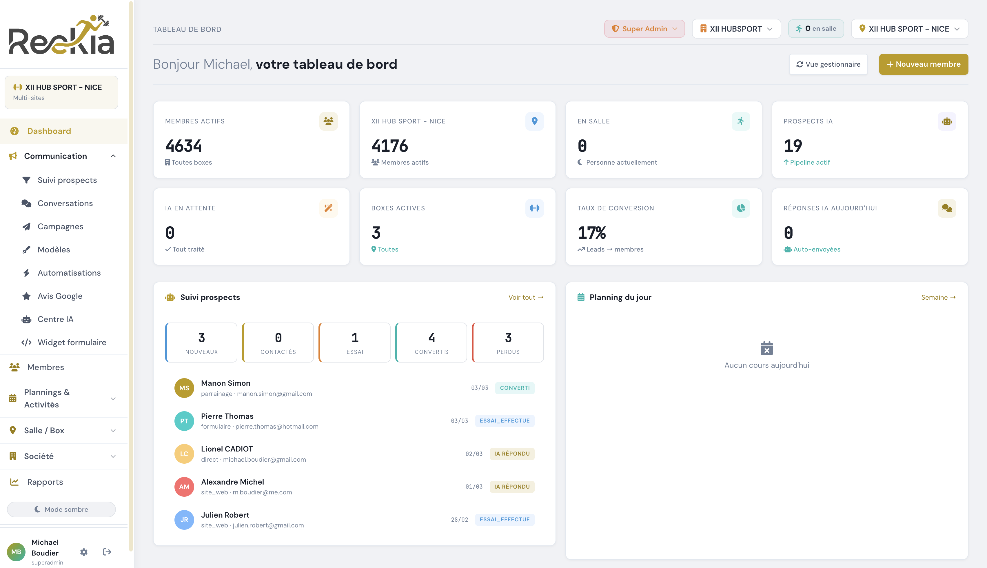 Dashboard Reekia - tableau de bord avec suivi prospects, planning et IA
